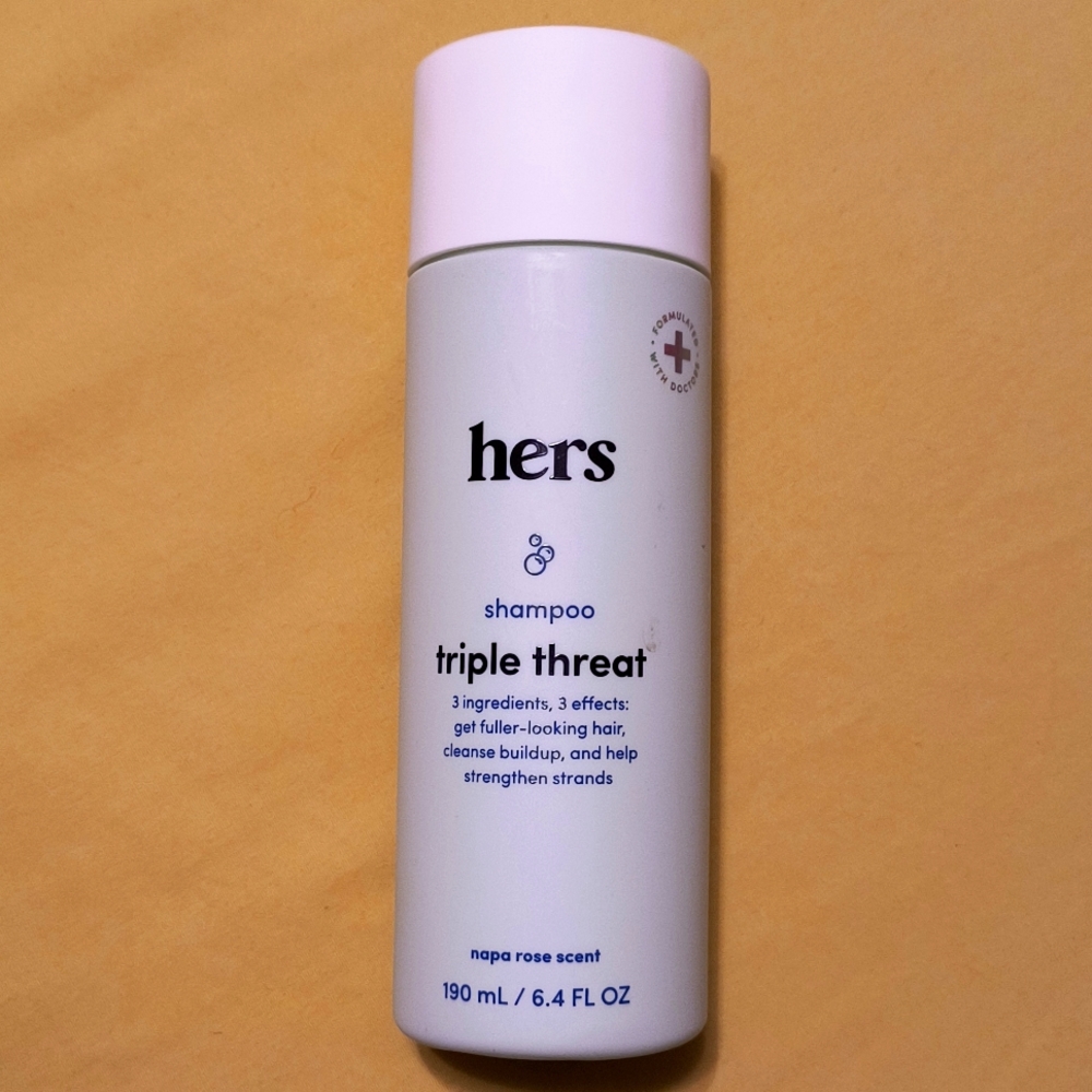 Hers triple threat shampoo for hair that feels and looks thicker and stronger